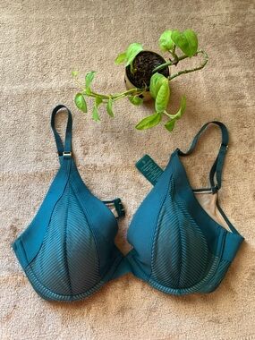ThirdLove Teal Underwire T-Shirt Bra with Sheer Shadow Stripe Plunge Detail